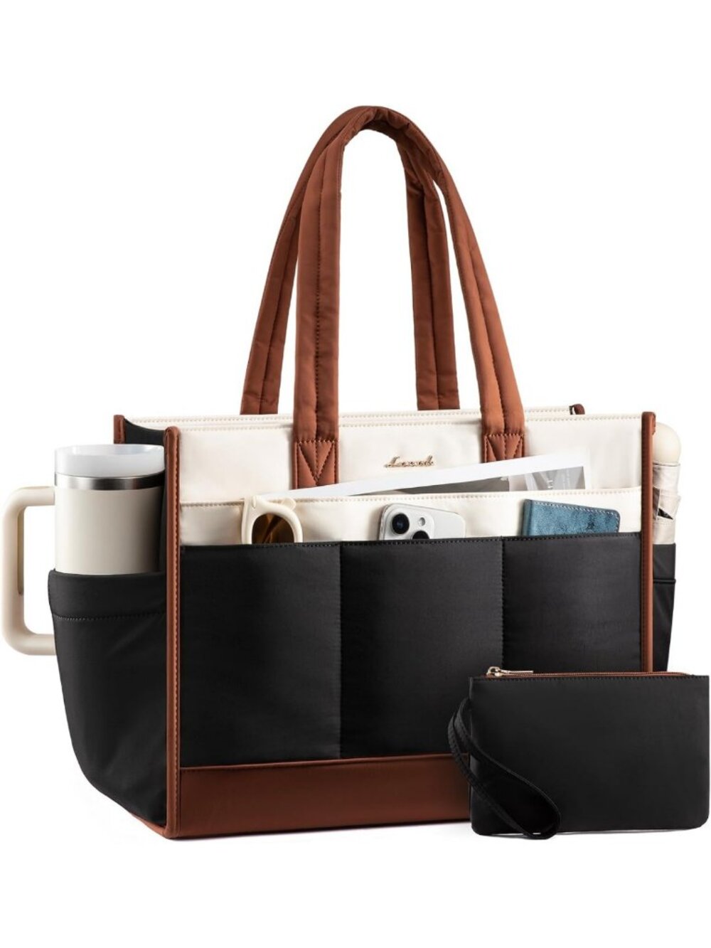 Stylish Work Tote Bag for Women, 17.3" Laptop Carrier with Cup Holder, Versatile